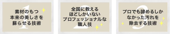 磨きマスタの研磨再生技術は、お掃除のプロでも諦めるしかなかった頑固な汚れを落とし、素材のもつ美しさを蘇らせます。